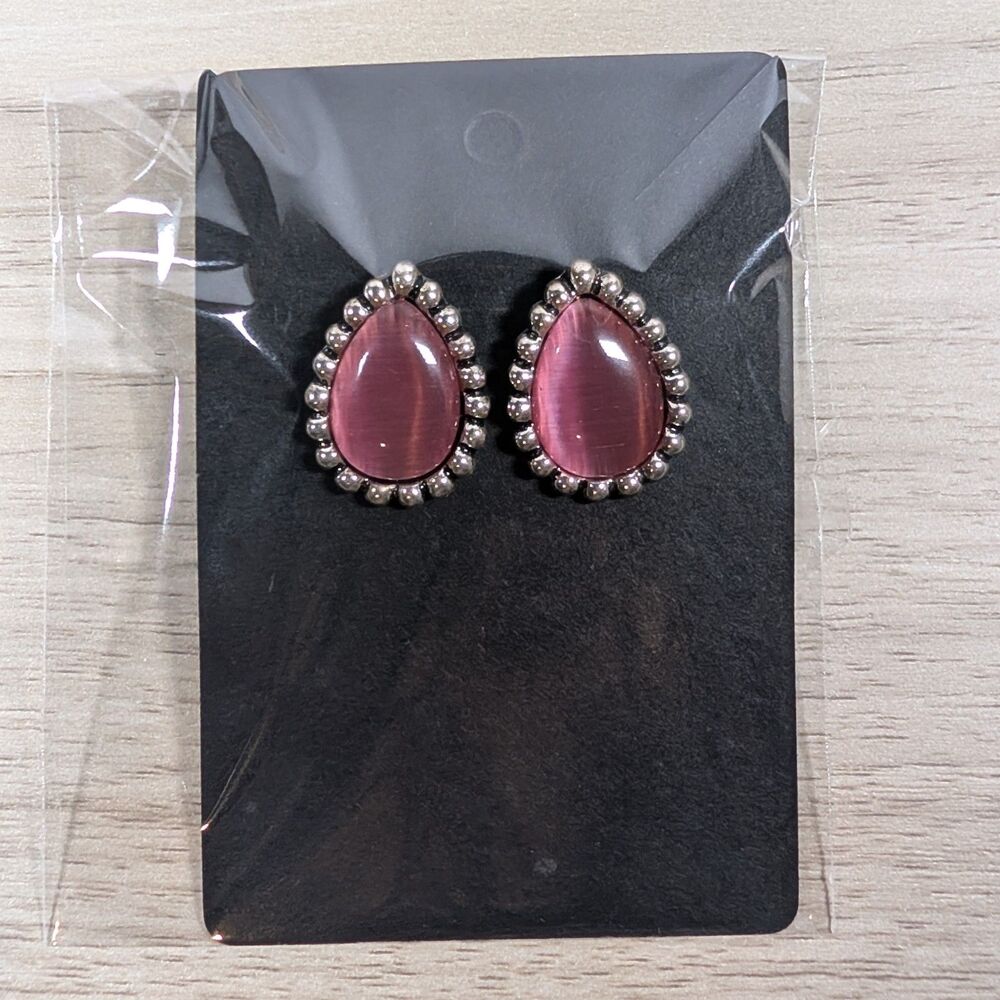Pink Cat Eye Teardrop Stud Earrings Silver Tone Vintage Style